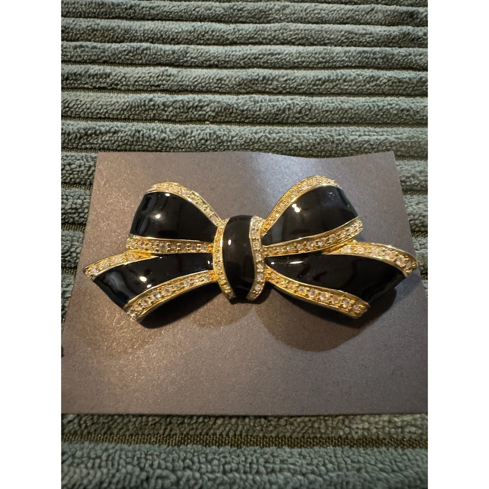 Napier Gold Tone Black Enamel Rhinestone Bow Brooch‎ Pin Jewelry